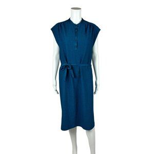 Vintage 80s Teal Shift Dress Cap Sleeves Tie Waist Button Neckline Textured